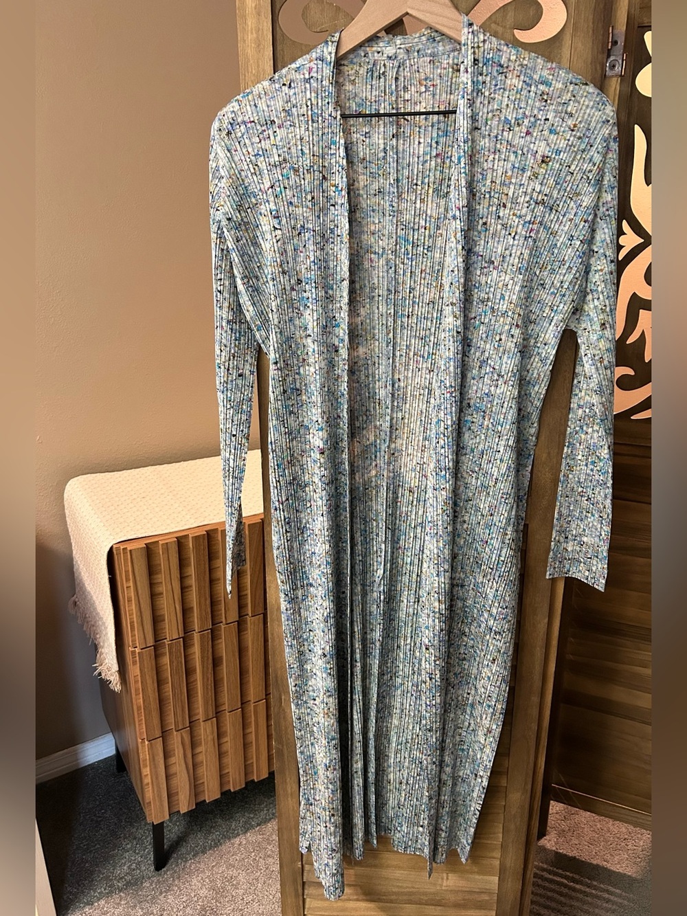 Issey Miyake Pleats Please Long Line Open Front Multi Color Abstract Cardigan